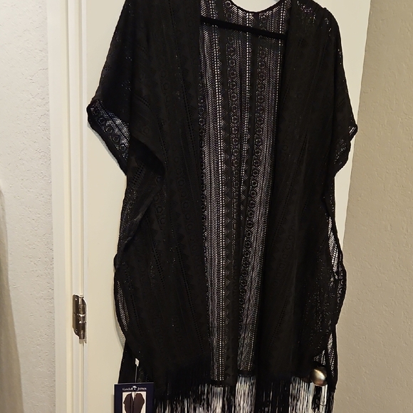 Black Sheer Sarong with Decorative Fringe - Picture 1 of 2